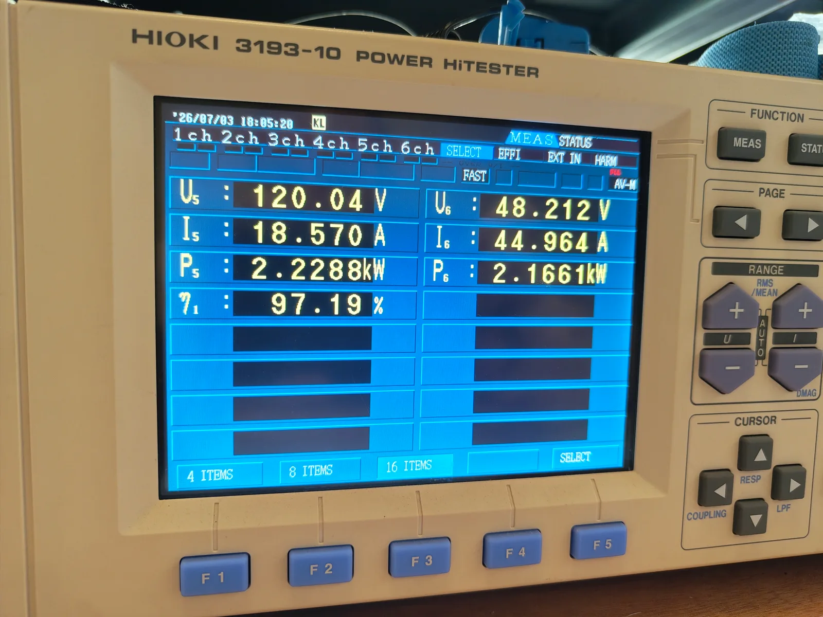 Hioki 3193-10 power analyzer showing the full-power measurement: 2.23kW in at 120V, 45A into the 48V bus