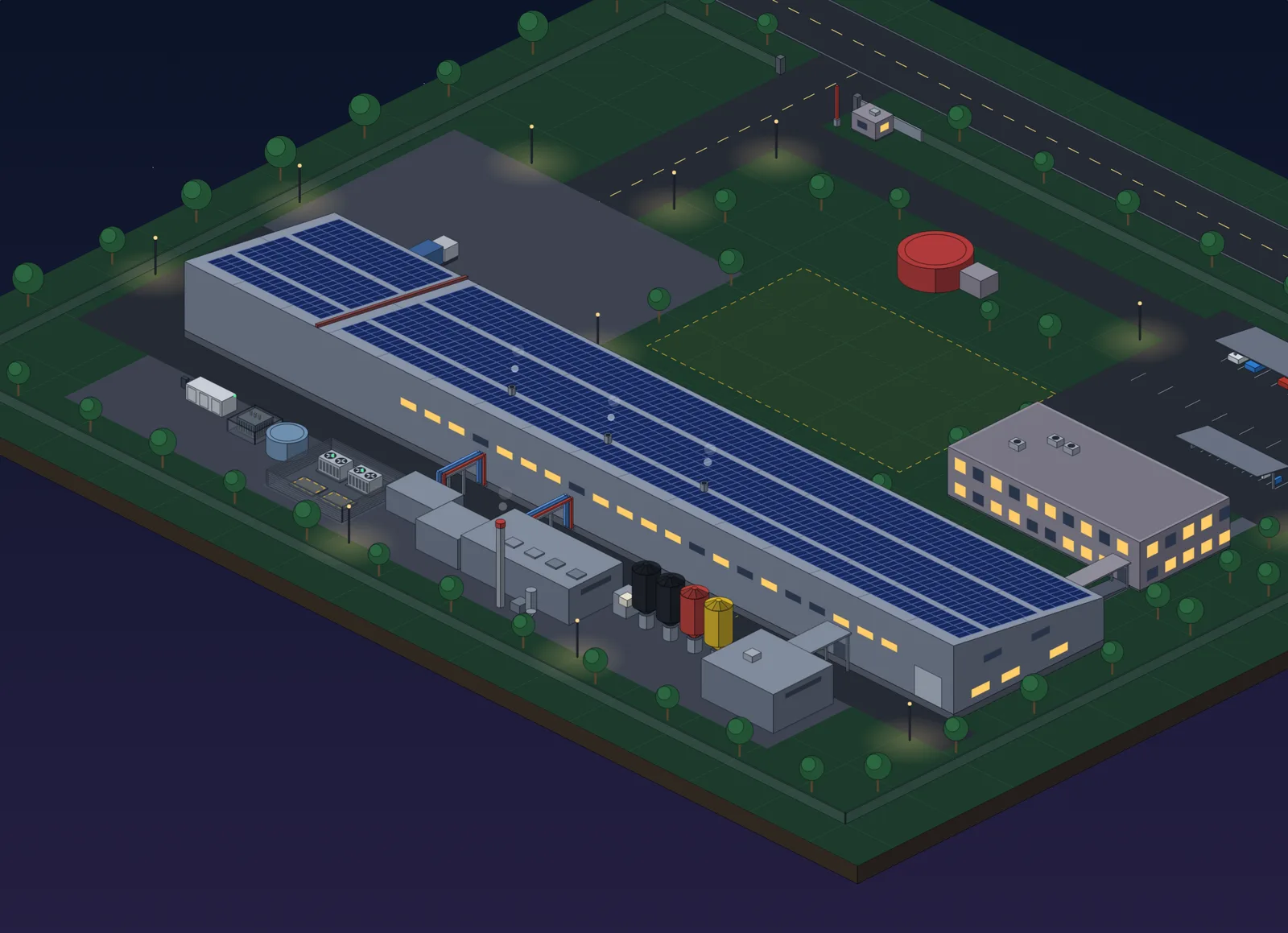 Isometric render of the planned plant with closed roofs: solar panels along the whole factory roof, and the utility yard beside it with the boiler hall and stack, PVC silos, chillers and water treatment